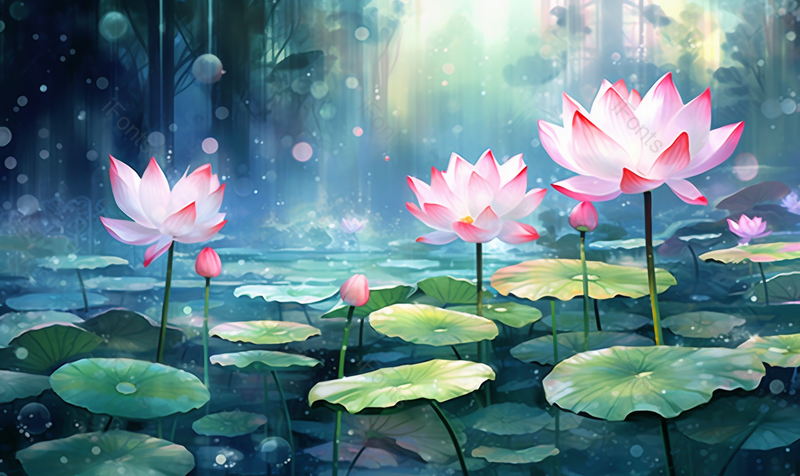 深林中绿色夏天立夏荷叶荷花插图,插画/手绘图,插画/手绘图库,插画/手绘图下载,插画/手绘